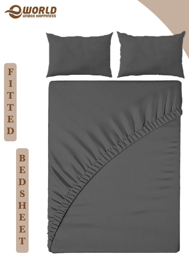 Eworld 3-Piece Dark Grey Microfiber Fitted Bedsheet Set Includes 1 Deep-Pocket Sheet for a Snug Fit and 2 Pillow Covers, Breathable, Machine Washable for Optimal Protection, Available in King, Queen and Single Sizes - Image 1