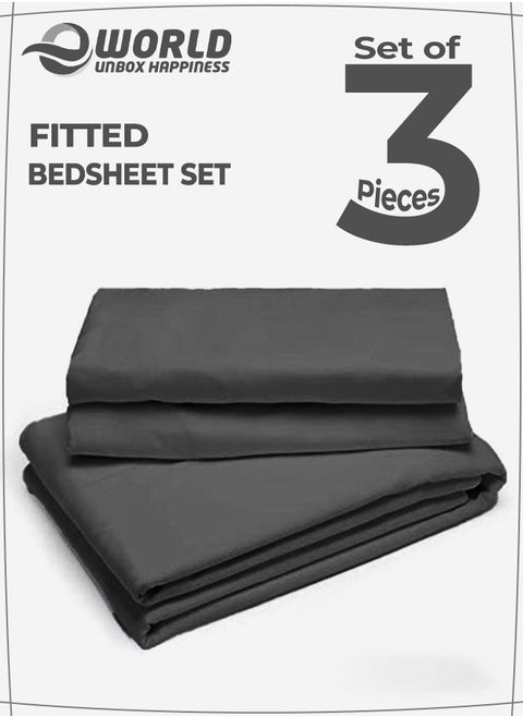 3-Piece Grey Cotton Fitted Bedsheet Set Includes 1 Deep-Pocket Sheet for a Snug Fit and 2 Pillow Covers, Breathable, Machine Washable for Optimal Protection, Available in King, Queen and Single Sizes