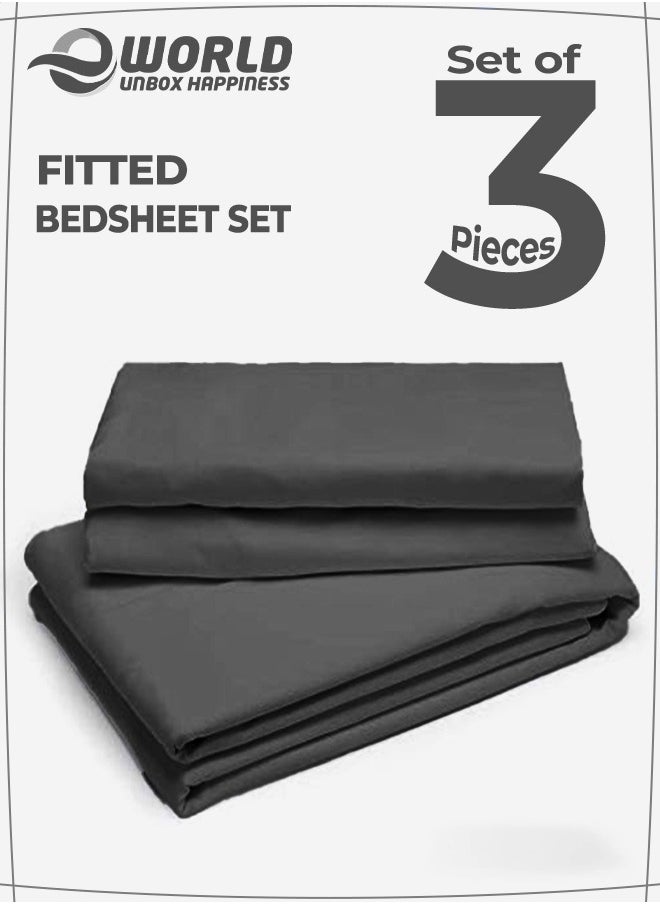 Eworld - 3-Piece Grey Cotton Fitted Bedsheet Set Includes 1 Deep-Pocket Sheet for a Snug Fit and 2 Pillow Covers, Breathable, Machine Washable for Optimal Protection, Available in King, Queen and Single Sizes - Image 1