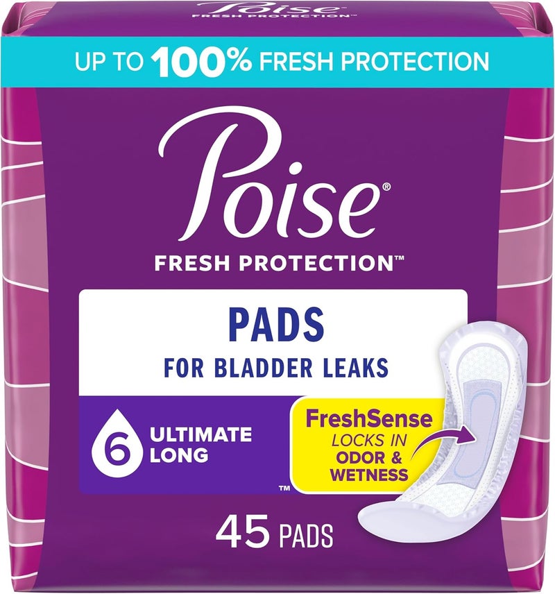 Poise Ultimate Absorbency Incontinence Pads for Bladder Leaks, Long Length, 45 Count - Image 1