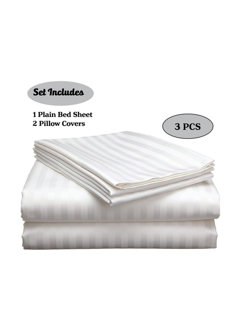 Saudi Deals - 3 Piece Luxury White Striped Bed Sheet Set with 1 Flat Sheet and 2 Pillowcases for Hotel and Home Crafted from Ultra Soft and Breathable Cotton for Year-Round Comfort, (King Size) - Image 1