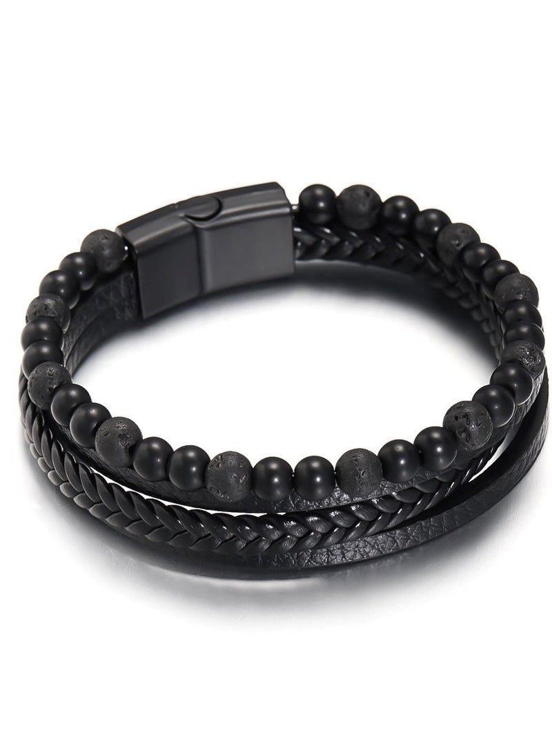 Natural Stone Multi-layered Leather Bracelet, Fashionable and Simple, Easy to Wear, Tiger Eye Stone, Obsidian, Perfect for Men  - Image 1