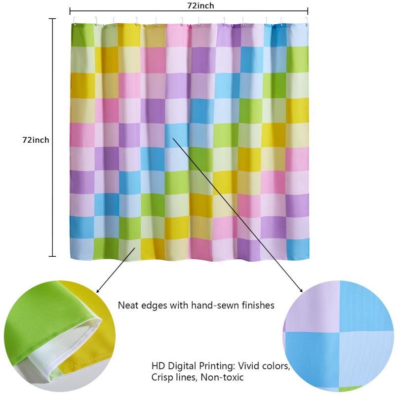 RoomTalks RoomTalks Multicolored Checkered Retro Fabric Shower Curtain for Bathroom  Heavy Duty Iridescent Rainbow Colorful Modern Simple Groovy Funky Shower Curtain Set with Hooks Aesthetic Bathroom Decor - Image 2