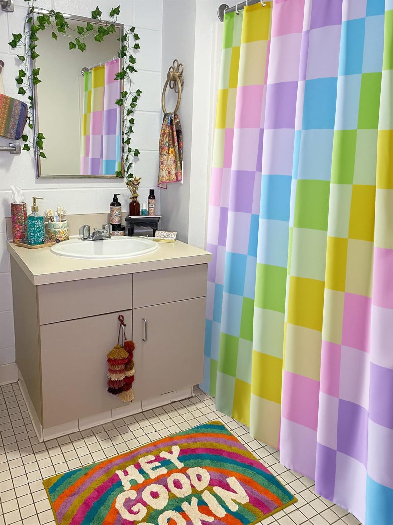 RoomTalks RoomTalks Multicolored Checkered Retro Fabric Shower Curtain for Bathroom  Heavy Duty Iridescent Rainbow Colorful Modern Simple Groovy Funky Shower Curtain Set with Hooks Aesthetic Bathroom Decor - Image 1