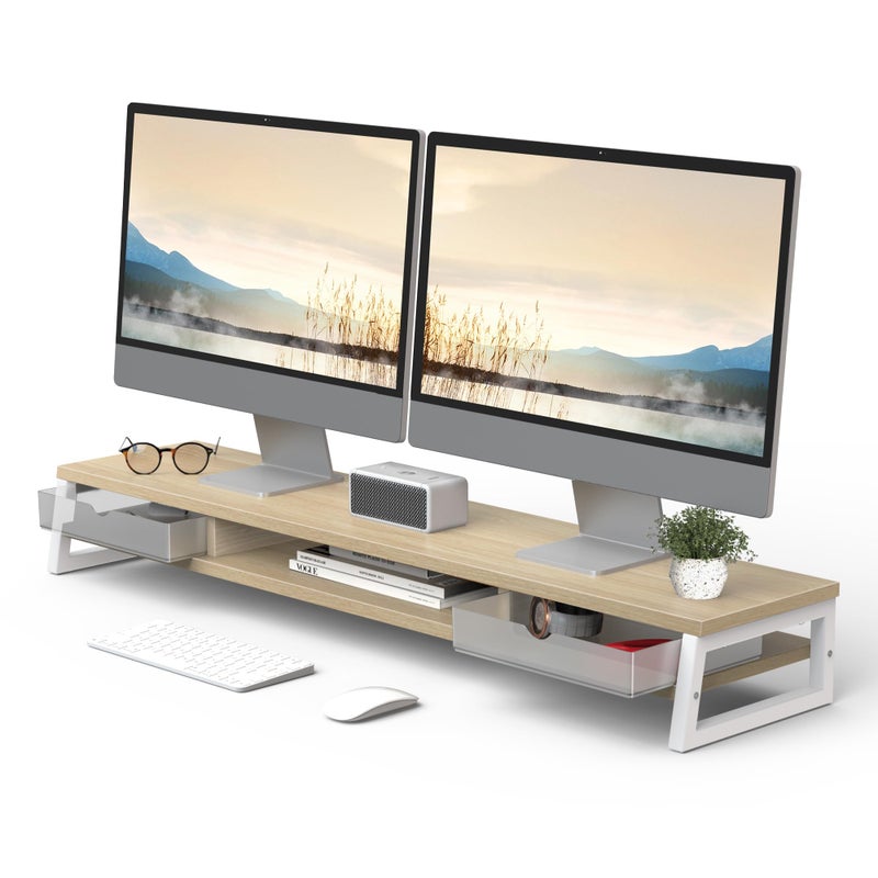 Fenge Dual Monitor Stand, Monitor Riser with Drawer, 42.5 Inch Large Computer Monitor Stand for 2 Monitors, 2 Tier Wooden Desk Shelf for Top of Desk - Image 1