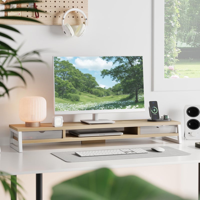 Fenge Dual Monitor Stand, Monitor Riser with Drawer, 42.5 Inch Large Computer Monitor Stand for 2 Monitors, 2 Tier Wooden Desk Shelf for Top of Desk - Image 2