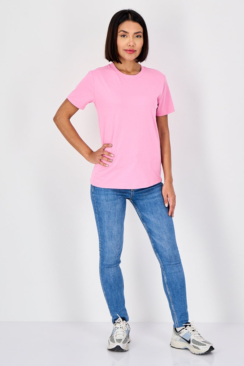 Fudo Comforts By Fudo Women Crew Neck Solid Short Sleeve T-Shirt, Pink - Image 4