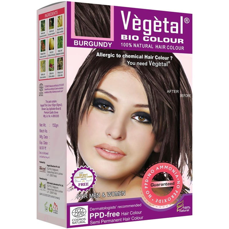 Vegetal Bio Colour Burgundy 150g 100 Herbal and Organic Hair Color AmmoniaFree PPDFree SemiPermanent Dye for Men and Women Protects UV and Maintains Luster Complete Kit Included