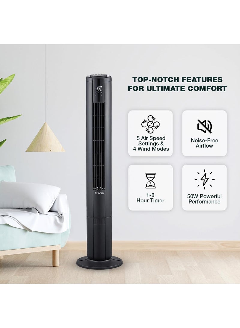 Tesora - Inspired by you Tesora Bladeless Tower Fan With 1 to 8 hours Timer 80 Wide Oscillation With Customizable Speed Settings Silent Operation Digital Display With Button Remote Operation 2Year Warranty Black  - Image 2