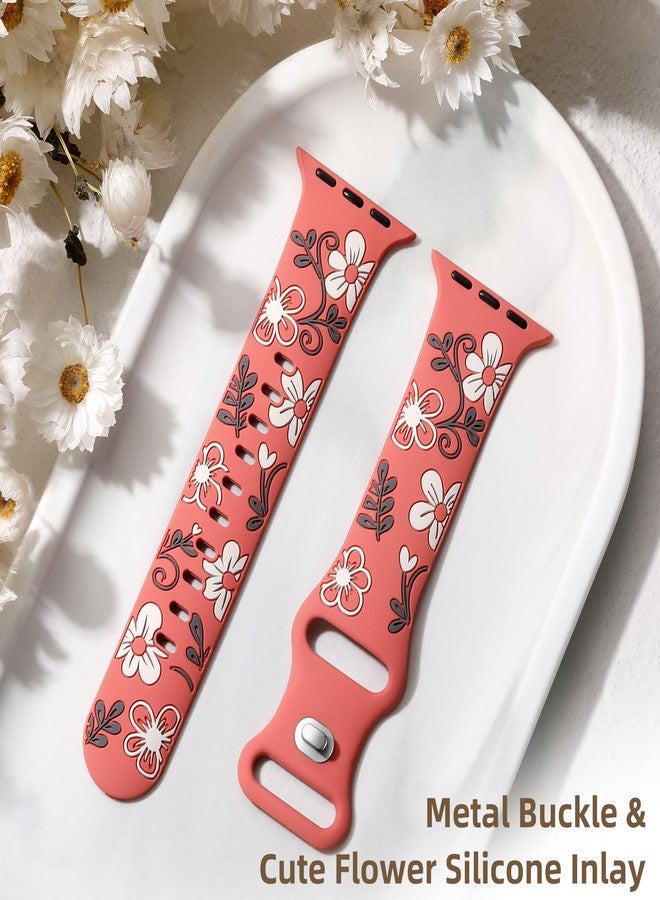 Witzon Floral Band Compatible with Apple Watch Bands For Women 41mm 40mm 38mm 42mm 44mm 45mm 46mm 49mm, Engraved Cute Flower Soft Silicone Strap for iWatch Series 11 10 9 8 7 6 5 4 3 2 1 SE Ultra - Image 5