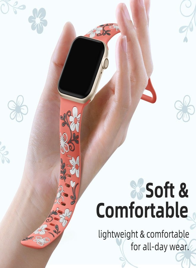 Witzon Floral Band Compatible with Apple Watch Bands For Women 41mm 40mm 38mm 42mm 44mm 45mm 46mm 49mm, Engraved Cute Flower Soft Silicone Strap for iWatch Series 11 10 9 8 7 6 5 4 3 2 1 SE Ultra - Image 3