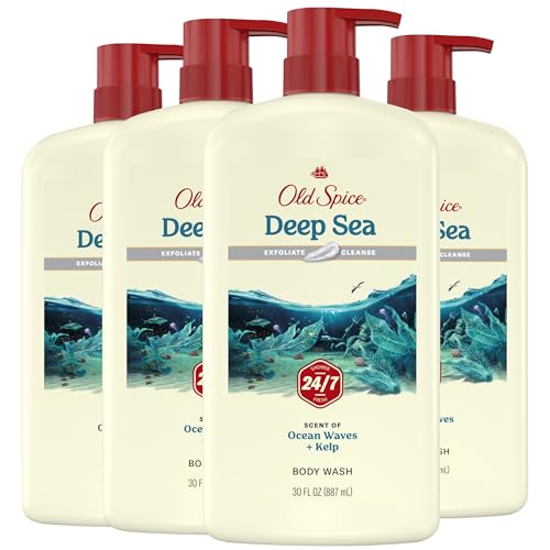 Old Spice غسول الجسم المنظف أولد سبايس للرجال 247 انتعاش الاستحمام مع رائحة تدوم طويلاً تقشير وتنظيف لطيف على البشرة فيتامين ب3 أعماق البحر مع رائحة الطحالب 30 أونصة عبوة من 4