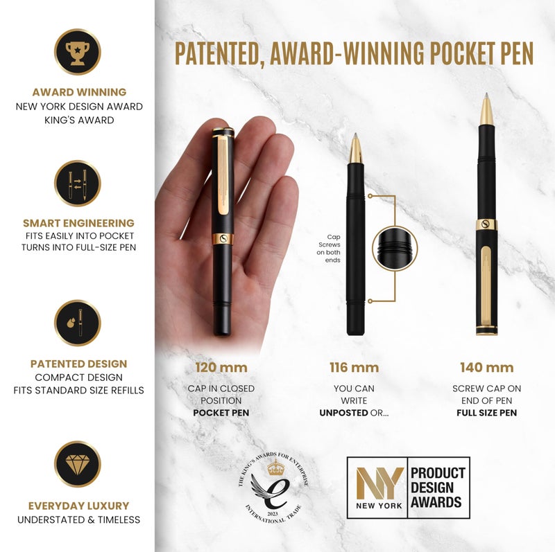Scriveiner Black Rollerball EDC Luxury Pen, Stunning Pocket Roller ball with Real Gold Finish, Great Gift for Men & Women with German Schmidt Refill, Nice Present, Fancy Office Designer Pen - Image 4