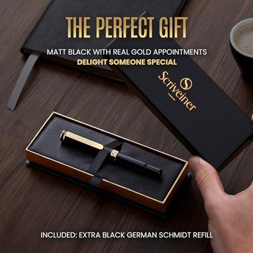 Scriveiner Black Rollerball EDC Luxury Pen, Stunning Pocket Roller ball with Real Gold Finish, Great Gift for Men & Women with German Schmidt Refill, Nice Present, Fancy Office Designer Pen - Image 3