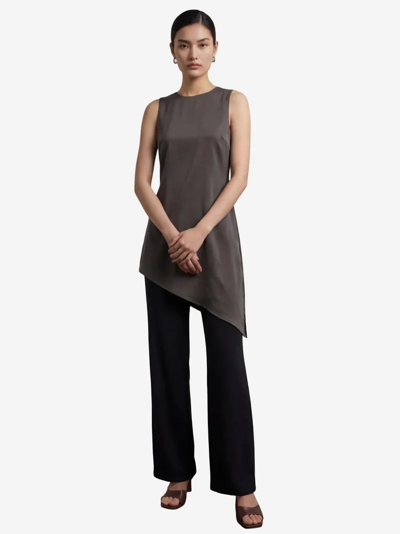 MY FASHION Dark Grey MY FASHION Satin Crew Neck Sleeveless Long Blouse with Slit for Women | Best Price UAE