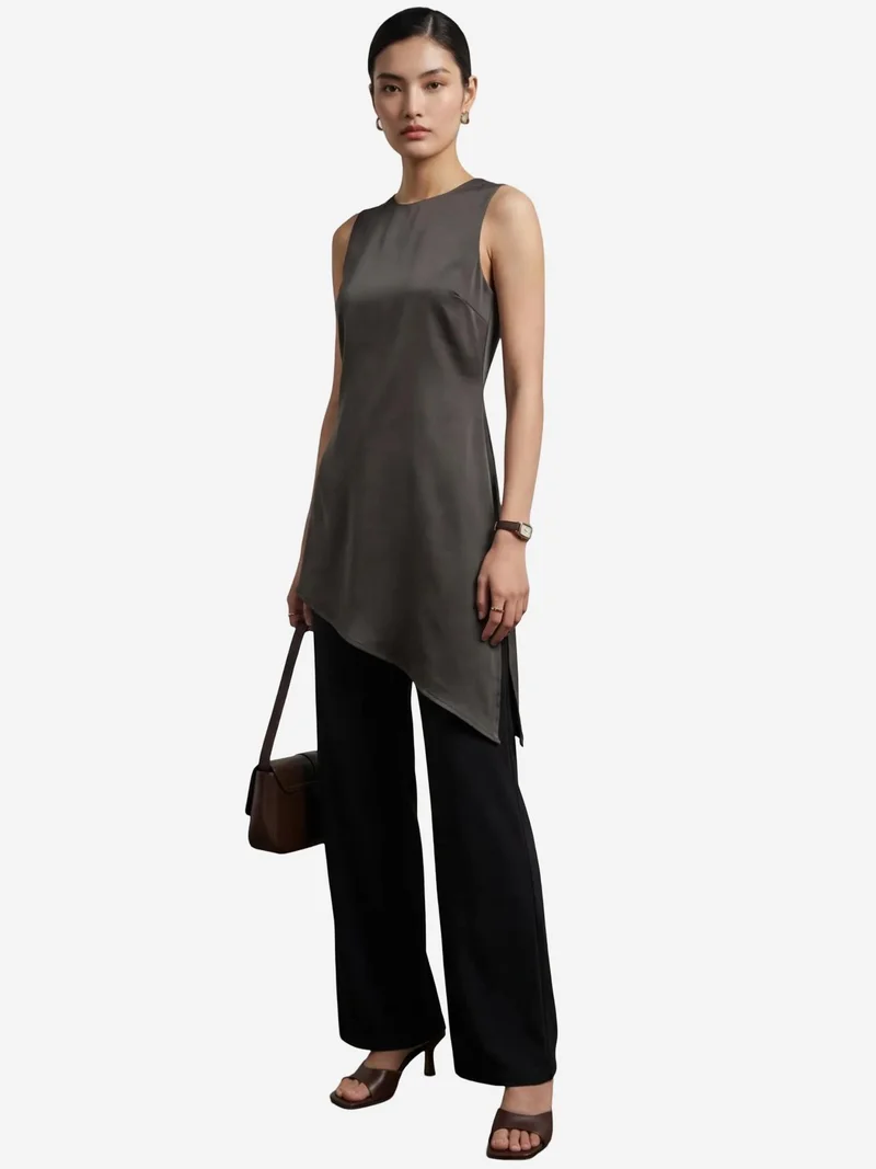 MY FASHION Dark Grey MY FASHION Satin Crew Neck Sleeveless Long Blouse with Slit for Women | Best Price UAE