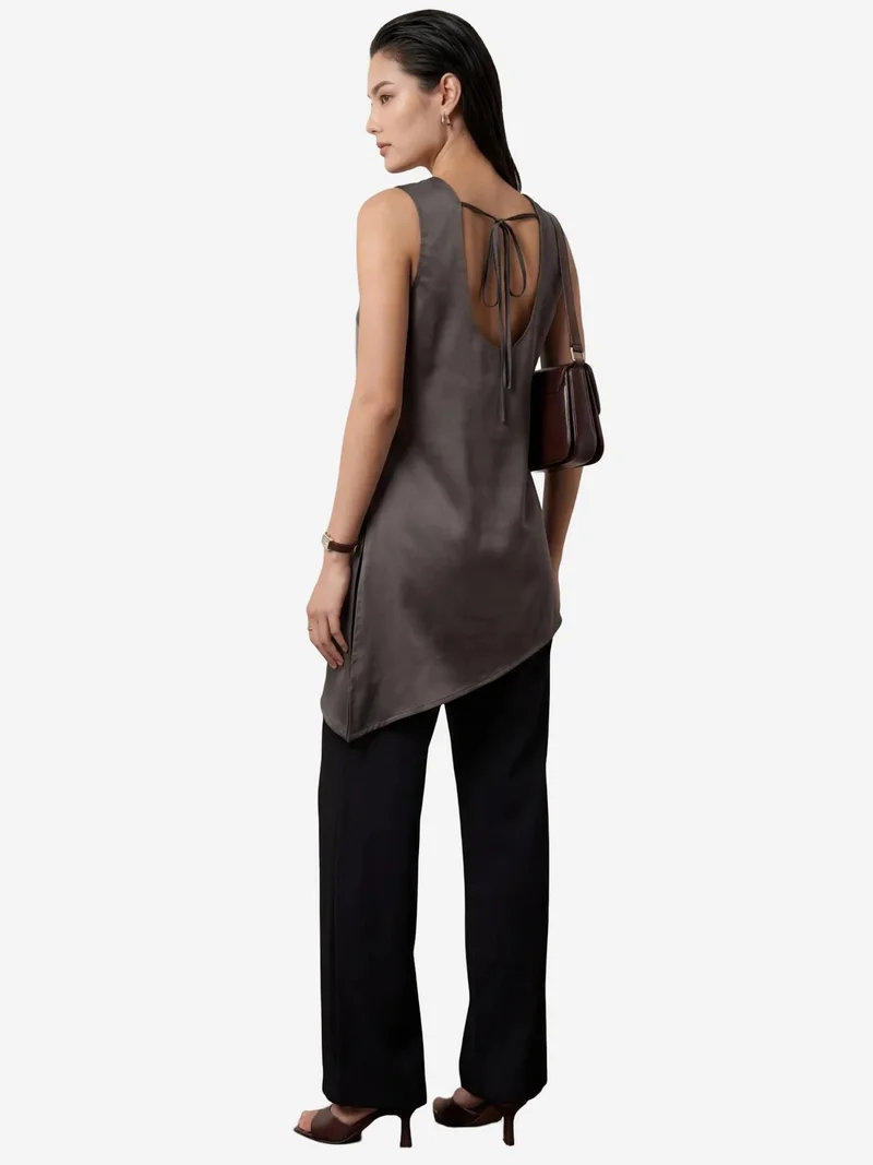 MY FASHION Dark Grey MY FASHION Satin Crew Neck Sleeveless Long Blouse with Slit for Women | Best Price UAE