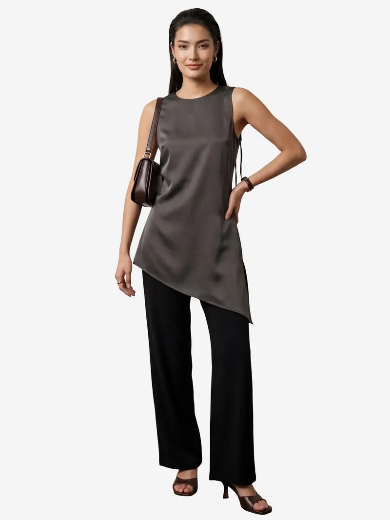 MY FASHION Dark Grey MY FASHION Satin Crew Neck Sleeveless Long Blouse with Slit for Women | Best Price UAE