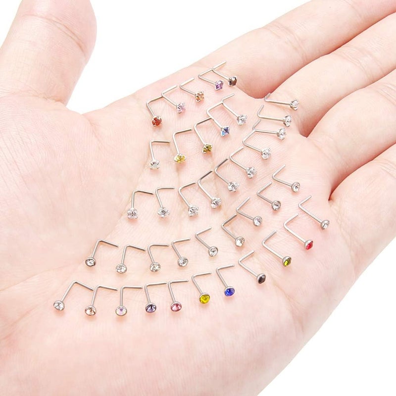 Ruifan 10-40PCS 22G Surgical Steel Diamond CZ Nose Stud Rings L Shaped Piercing Jewelry 1.5mm 2mm 2.5mm 3mm - Image 3