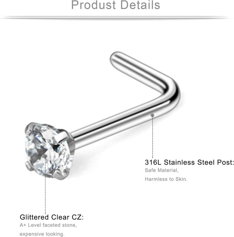 Ruifan 10-40PCS 22G Surgical Steel Diamond CZ Nose Stud Rings L Shaped Piercing Jewelry 1.5mm 2mm 2.5mm 3mm - Image 2