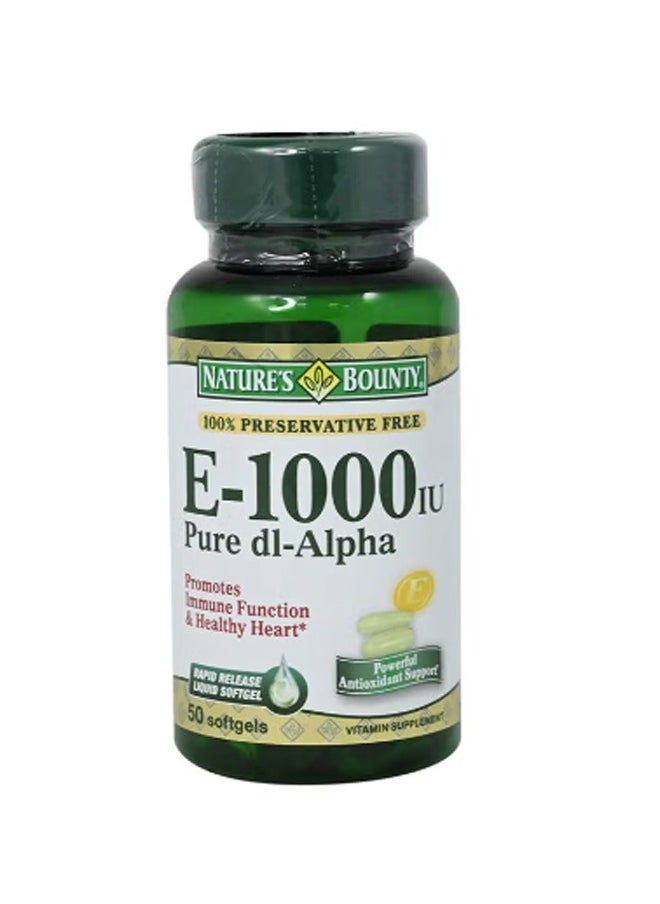 NATURE'S BOUNTY - E-1000 IU Pure dl-Alpha Vitamin E - 50 Rapid Release Liquid Softgels for Immune Function & Heart Health - Image 1
