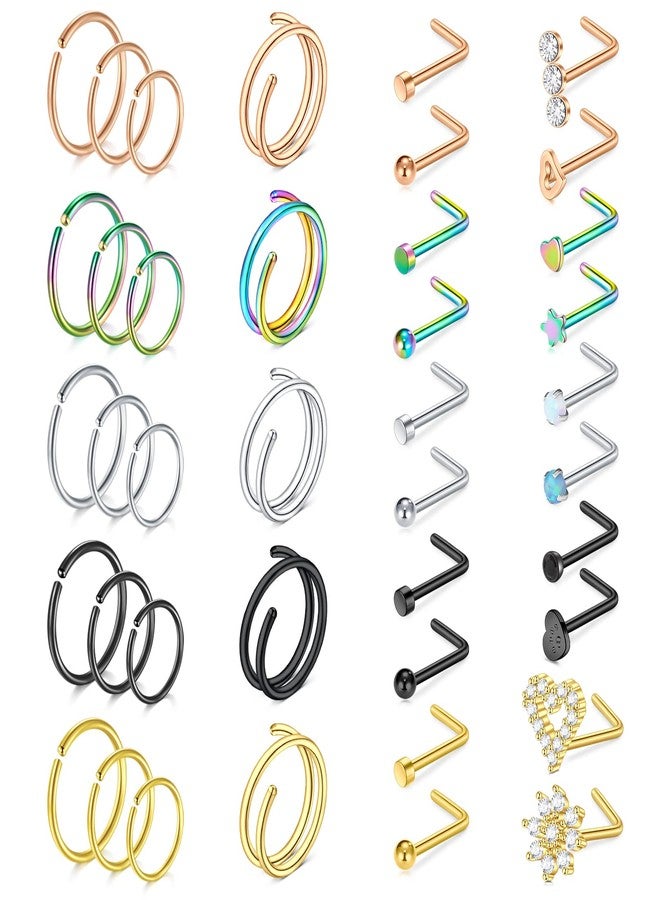 Mayhoop 20G Stainless Steel Nose Rings Nose Hoops Double Nose Rings L Shape Nose Studs Diamond Heart Hypoallergenic Nostril Nose Piercing Jewelry Silver Rose Gold Black Rainbow Gold 40Pcs, Metal, cz - Image 1