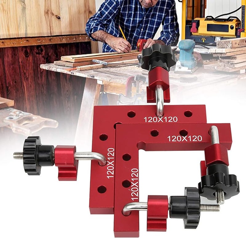 L Shaped 90 Degree Right Angle Ruler Aluminum Alloy Woodworking Clamp Tool Set Red 120x120mm 2 Rulers 4 Clips - Image 3