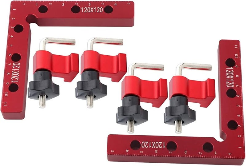 L Shaped 90 Degree Right Angle Ruler Aluminum Alloy Woodworking Clamp Tool Set Red 120x120mm 2 Rulers 4 Clips - Image 2