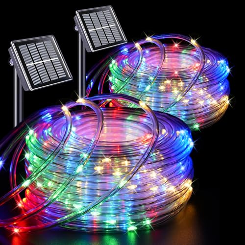 QITONG Multicolor Solar Christmas Lights, 2 Pack Each 33ft 100 LED Rope Light, Fairy Lights in Clear Thin Tube with 8 Modes - Image 1
