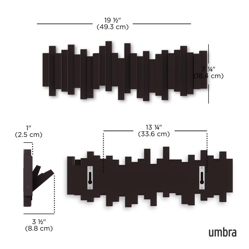 Umbra Sticks Wall-Mounted Coat Rack Rail Hook with 5 Retractable Pegs â€“ Modern, Space-Saving Storage Organizer, Espresso - Image 3
