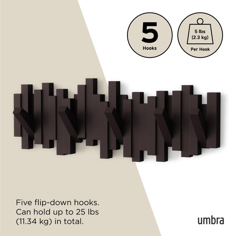 Umbra Sticks Wall-Mounted Coat Rack Rail Hook with 5 Retractable Pegs â€“ Modern, Space-Saving Storage Organizer, Espresso - Image 5