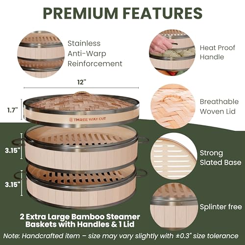THREE WAY CUT 2-tier 12" Bamboo Steamer with Reinforcement & Handle, Reusable Silicone Liner & Accessories Kit For Cooking Dumpling, Baby Bao Bun, Dim Sum, Rice Potsticker Steaming Chinese Asian Food & Vegetables - Image 2