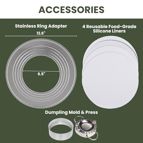 THREE WAY CUT 2-tier 12" Bamboo Steamer with Reinforcement & Handle, Reusable Silicone Liner & Accessories Kit For Cooking Dumpling, Baby Bao Bun, Dim Sum, Rice Potsticker Steaming Chinese Asian Food & Vegetables - Image 3