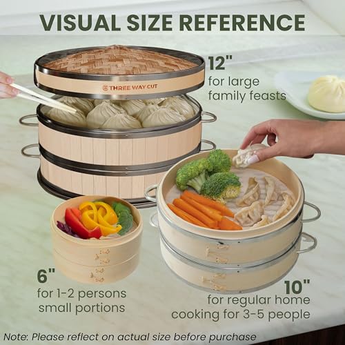 THREE WAY CUT 2-tier 12" Bamboo Steamer with Reinforcement & Handle, Reusable Silicone Liner & Accessories Kit For Cooking Dumpling, Baby Bao Bun, Dim Sum, Rice Potsticker Steaming Chinese Asian Food & Vegetables - Image 4