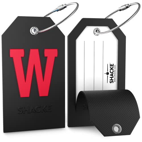 Shacke Initial Luggage Tag with Full Privacy Cover and Stainless Steel Loop - Black (Letter W) - Image 2