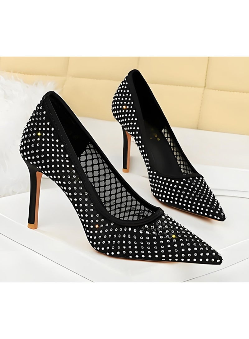 بيج تري النساء الراينست مغلقة أشارت إصبع القدم عالية الكعب مضخات شبكة الكعب الأرجواني 9.5CM - Image 2