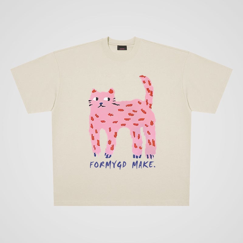 250G Heavy Cotton Cartoon Cartoon Street Casual Oversize Large Board Short Sleeve T-Shirt Men And Women Couple Fashion - Image 1