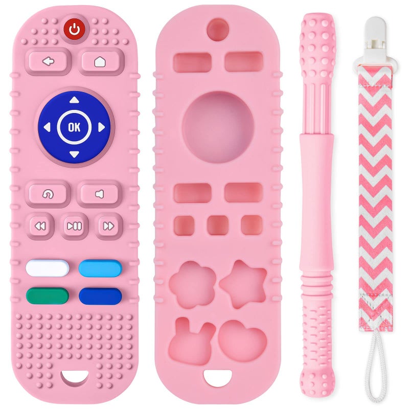 Silicone Baby Teething Toys Remote Control Shape Teethers Toys with Teething Tubes and Pacifier Clip Baby Teething Toys for 3 Months Remote Teething Toy BPA FreeFreezableDishwasher SafePink