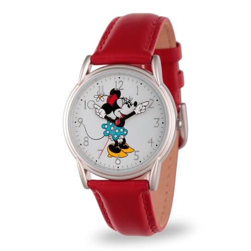 Disney Minnie Mouse Watch for Women - Stylish Minnie Mouse Watches for Women - Classic Watch 's Accessories Fans - Red Leather Strap, Silver Case, White Dial - Image 1