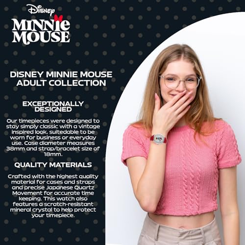 Disney Minnie Mouse Watch for Women - Stylish Minnie Mouse Watches for Women - Classic Watch 's Accessories Fans - Red Leather Strap, Silver Case, White Dial - Image 5