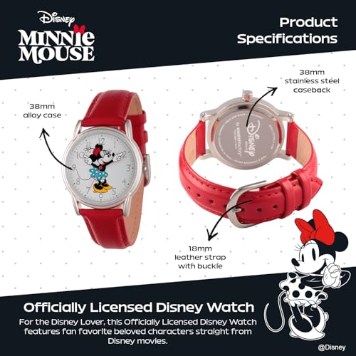 Disney Minnie Mouse Watch for Women - Stylish Minnie Mouse Watches for Women - Classic Watch 's Accessories Fans - Red Leather Strap, Silver Case, White Dial - Image 3
