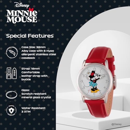 Disney Minnie Mouse Watch for Women - Stylish Minnie Mouse Watches for Women - Classic Watch 's Accessories Fans - Red Leather Strap, Silver Case, White Dial - Image 4