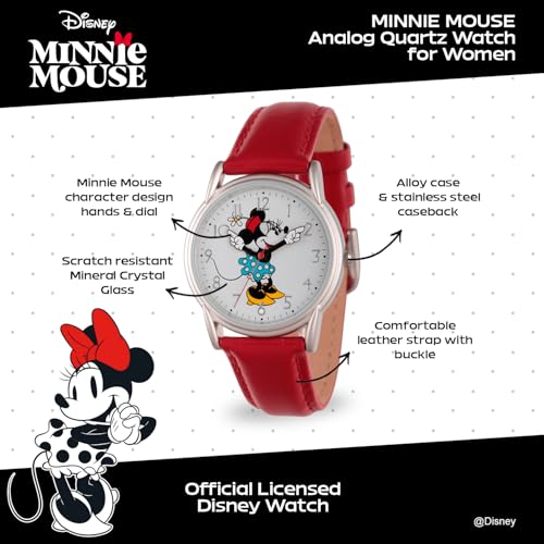 Disney Minnie Mouse Watch for Women - Stylish Minnie Mouse Watches for Women - Classic Watch 's Accessories Fans - Red Leather Strap, Silver Case, White Dial - Image 2