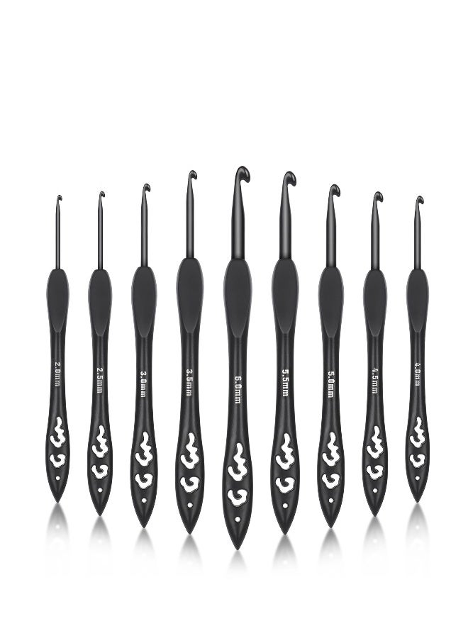 9 Sizes Crochet Hooks, Black Crochet Needles, Ergonomic Soft Grip Aluminum Crochet Hook Set, Lightweight Knitting u0026 Crochet Supplies, for Arthritic Hands Beginners Kids Adults 2.0mm(B)-6.0mm(J)  - Image 1