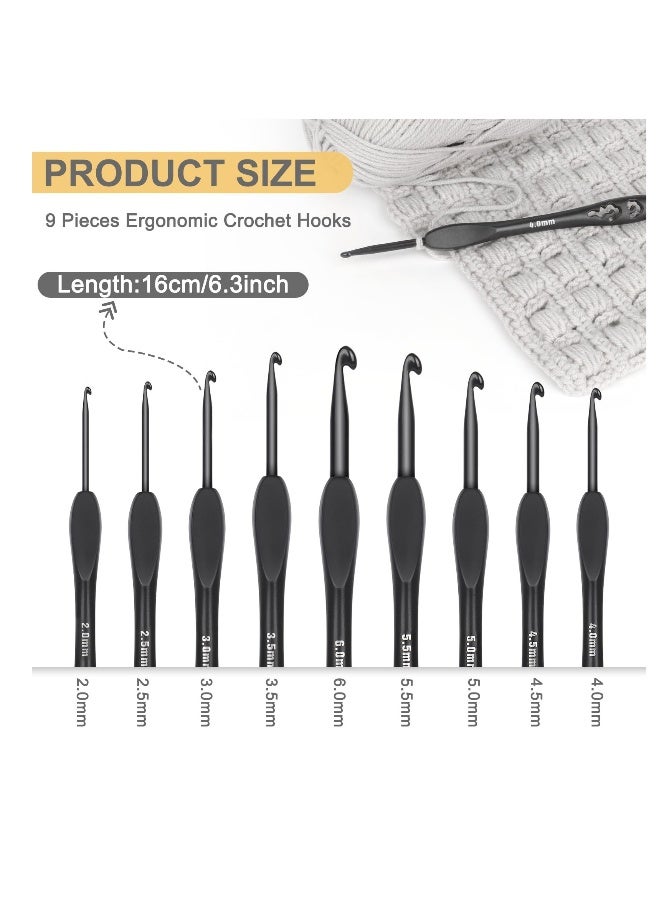 9 Sizes Crochet Hooks, Black Crochet Needles, Ergonomic Soft Grip Aluminum Crochet Hook Set, Lightweight Knitting u0026 Crochet Supplies, for Arthritic Hands Beginners Kids Adults 2.0mm(B)-6.0mm(J)  - Image 2