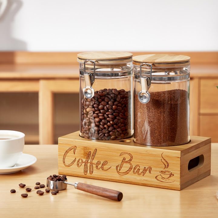 Spreccio Coffee Canister Set with Shelf, 2 x 50oz Coffee Bean Canister Storage Station Organizer with Airtight Lid for Kitchen, Food Storage with Scoop for Ground, Sugar, Cereal and Tea - Image 5