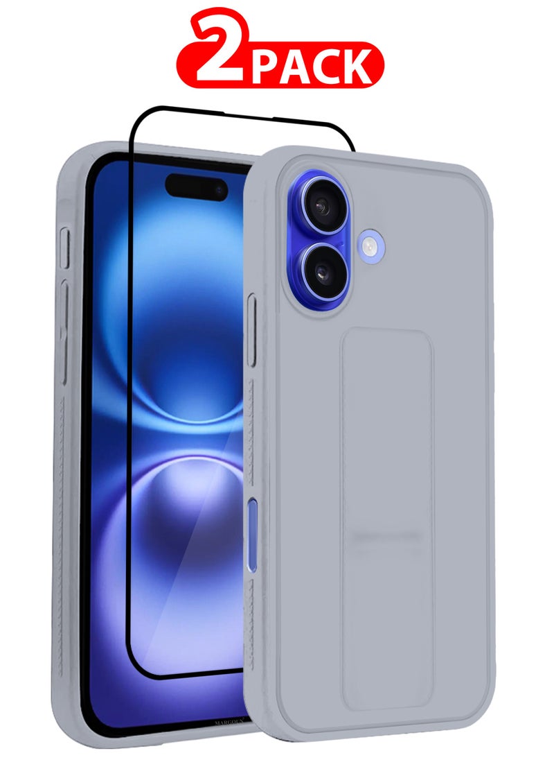 CATANES - (for Apple iPhone 16 Plus) 2Packs (1Case with 1 Screen Protector), Case Cover PU Leather Back Cover with Stand Function and Finger Grip, Shockproof Screen Protector / Grey - Image 1