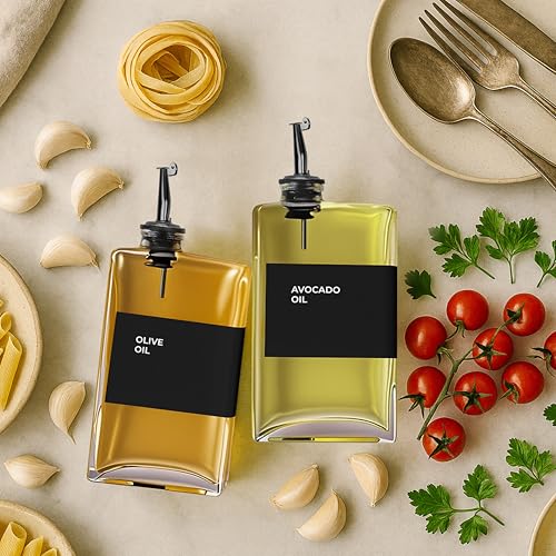 Spaceneat Olive Oil Dispenser Bottle - Includes 44 Kitchen Essential Labels - Cooking Oil Bottles for Kitchen, Coffee Syrup Dispenser - Pourer Spout with 11.8 fl oz Glass Container Cruet - 2pcs, Black - Image 5