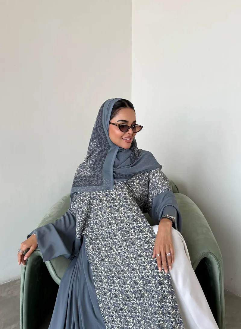 Lusin Abaya Grey indian Silk Abaya with Floral-Print Front & Veil