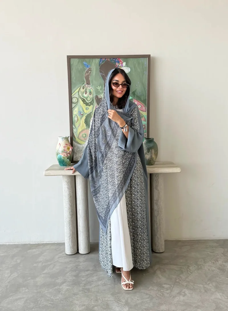 Lusin Abaya Grey indian Silk Abaya with Floral-Print Front & Veil